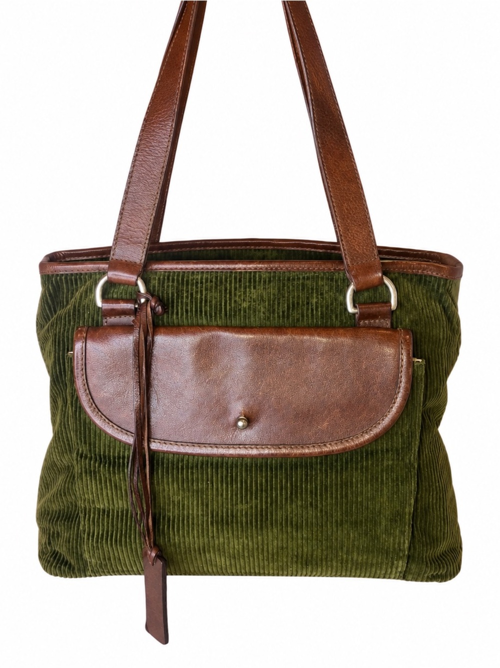 RALPH LAUREN Olive Green Corduroy Brown Leather Shoulder Bag VINTAGE